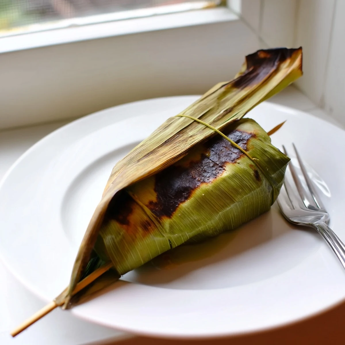 Golden grilled Malaysian Otak Otak parcels wrapped in charred banana leaves with aromatic steam rising
