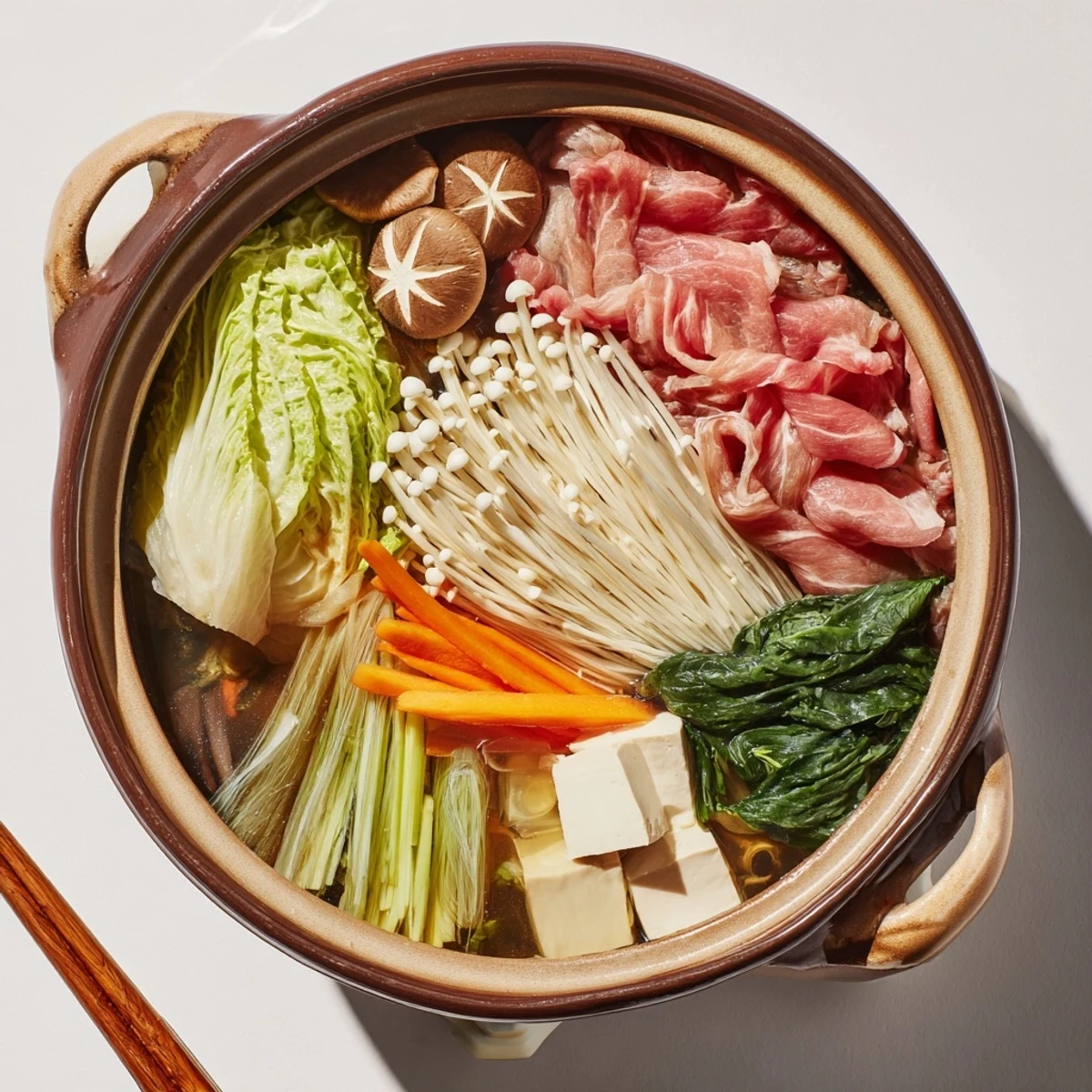 Tableside cooking Japanese Shabu Shabu Hot Pot featuring tofu, mushrooms, and udon noodles