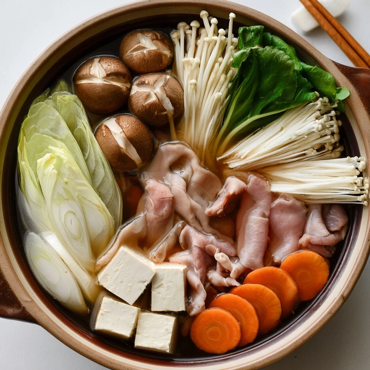 Steaming Japanese Shabu Shabu Hot Pot with thinly sliced beef and fresh vegetables