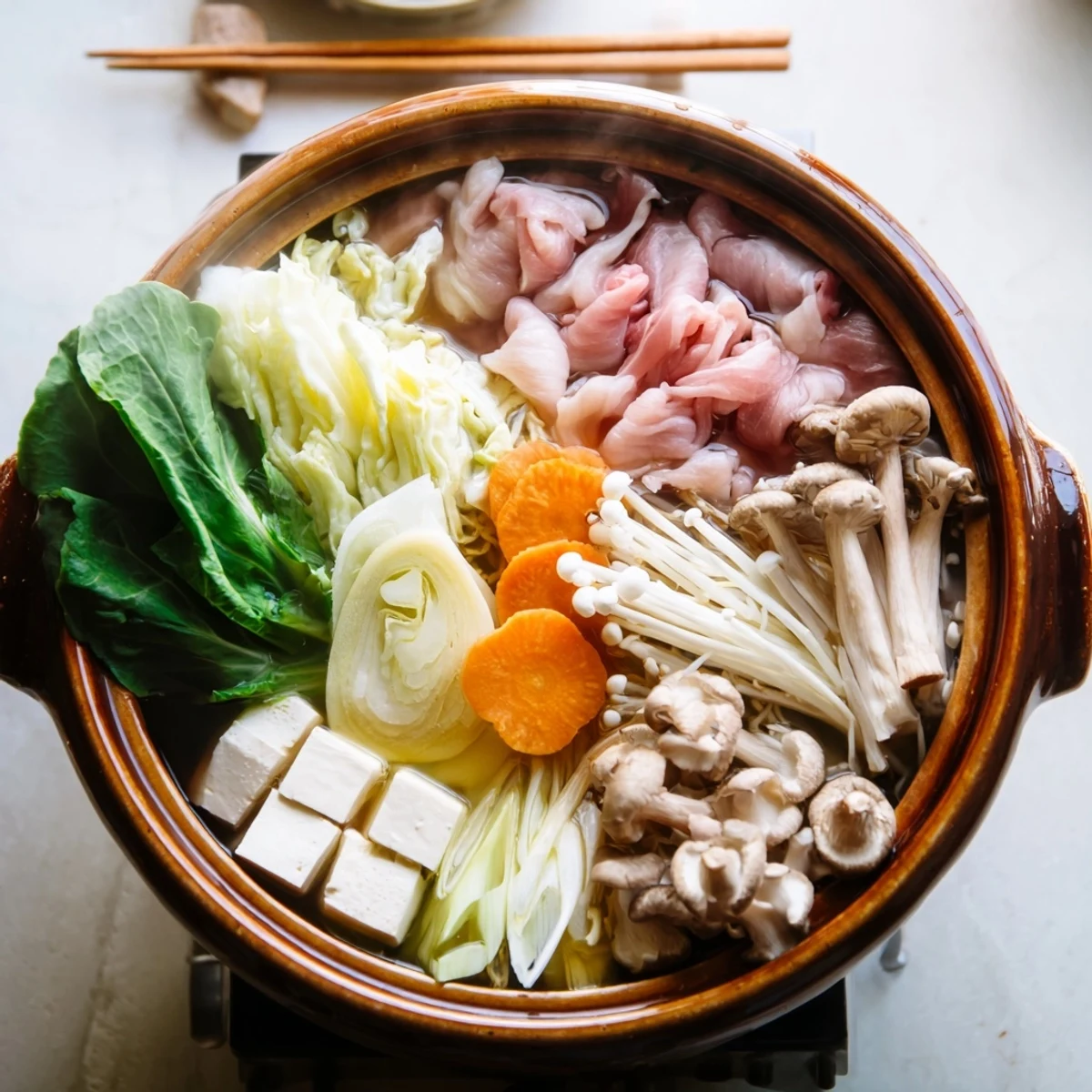 Colorful array of vegetables and meat arranged for Japanese Shabu Shabu Hot Pot