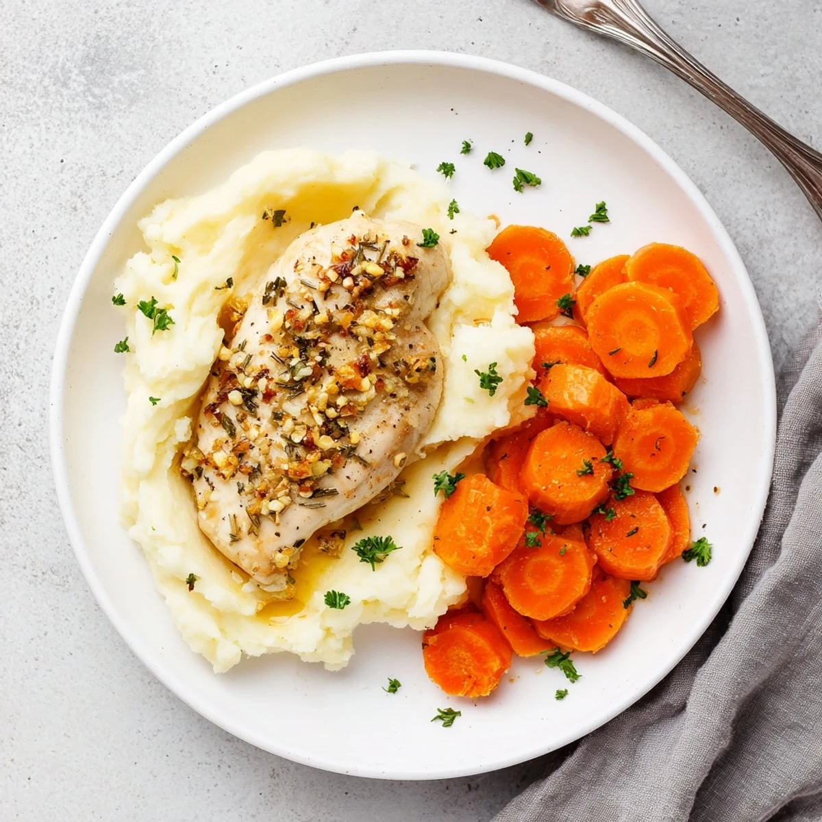 Plated garlic herb chicken served alongside buttery mashed potatoes and honey glazed carrots