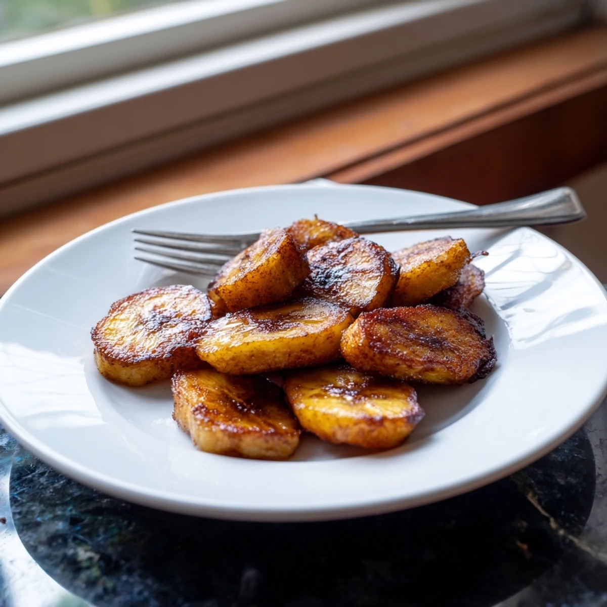 Warm pan fried cinnamon bananas served on a white plate with melting butter