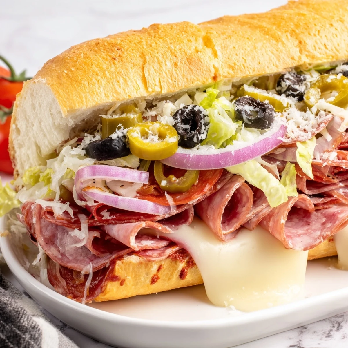 Golden crusty roll piled high with Italian grinder salad sandwich layers of deli meats cheese and crisp vegetables
