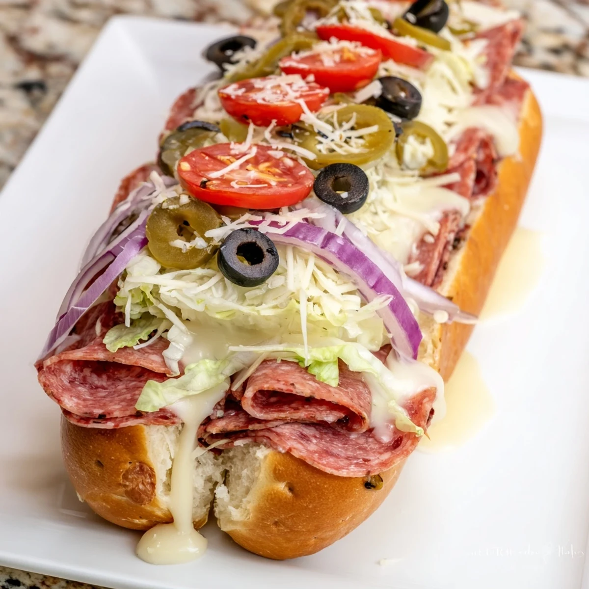 Cross section of Italian grinder salad sandwich showcasing shredded salad tossed in zesty dressing atop cured meats