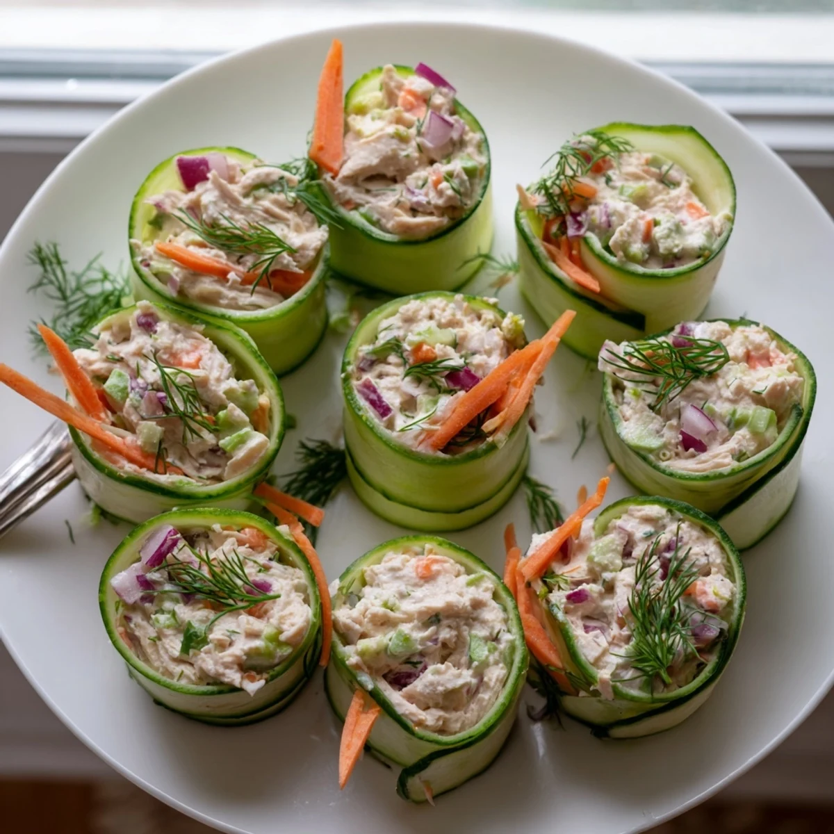 Fresh cucumber slices wrapped around savory chicken salad bites topped with colorful julienned carrots