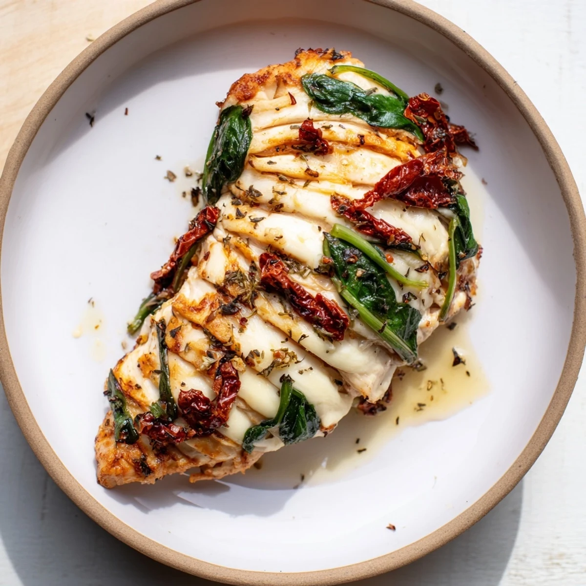 Tender Hasselback chicken featuring golden pockets of spinach and mozzarella on a white plate