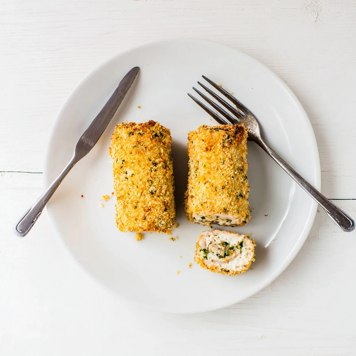 Sliced herbed ricotta stuffed chicken rolls revealing creamy white cheese and green herb filling