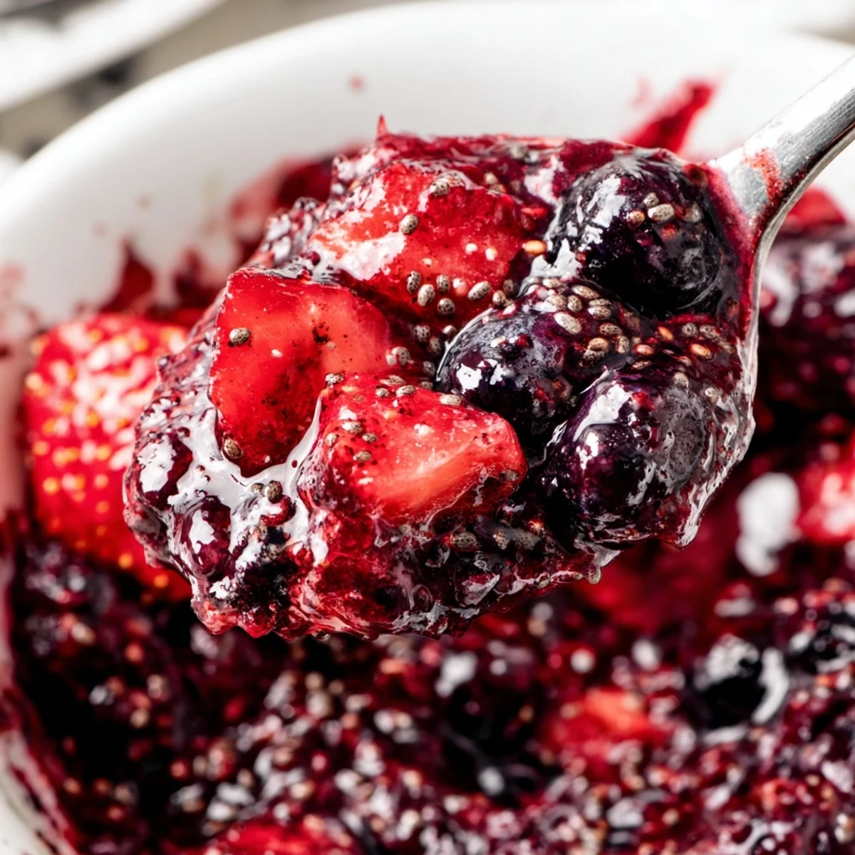 Vibrant easy berry chia seed jam in glass jar, ready to spread on toast
