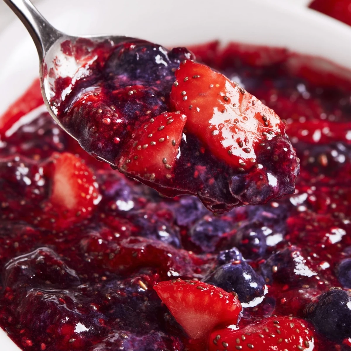 Fresh berry chia seed jam swirled into yogurt bowl, colorful and naturally sweetened