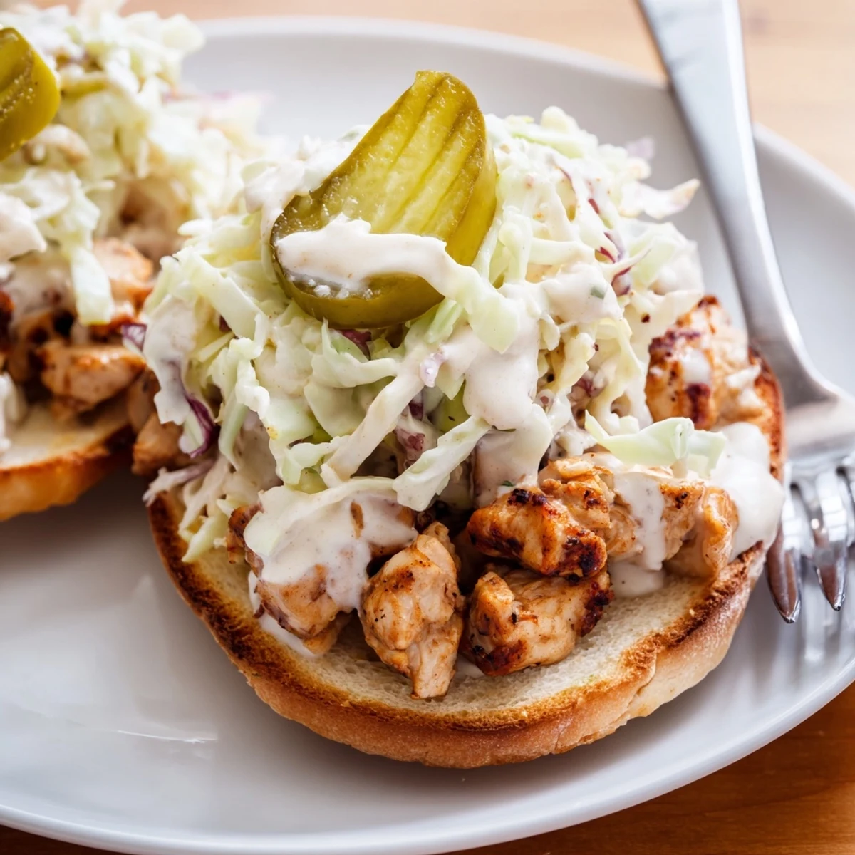 Heaping Alabama BBQ Chicken Chopped Sandwich loaded with tangy white sauce chicken and crunchy coleslaw topping