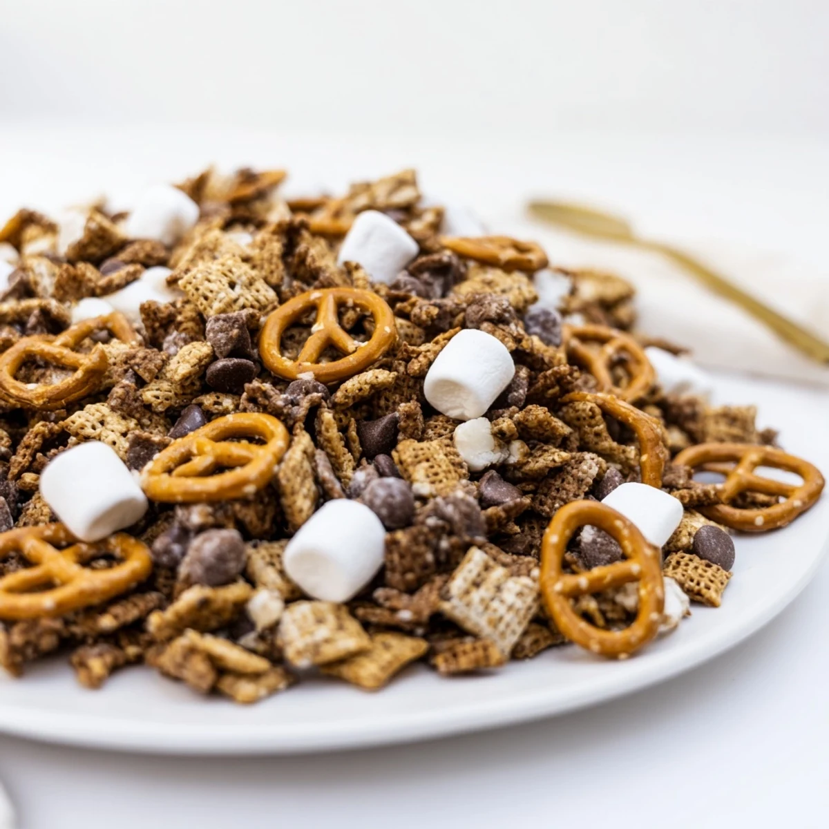 Rustic wooden serving board offering sweet s'mores snack mix with pretzels and melted chocolate pieces