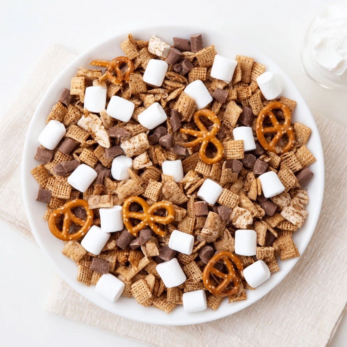 Crunchy s'mores snack mix displayed in glass jar with mini marshmallows and chocolate chips