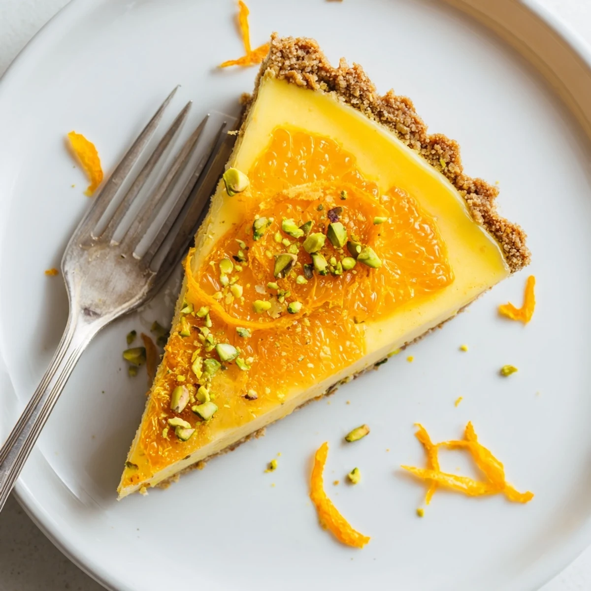 Golden orange cardamom tart with creamy filling nestled in a crunchy green pistachio crust