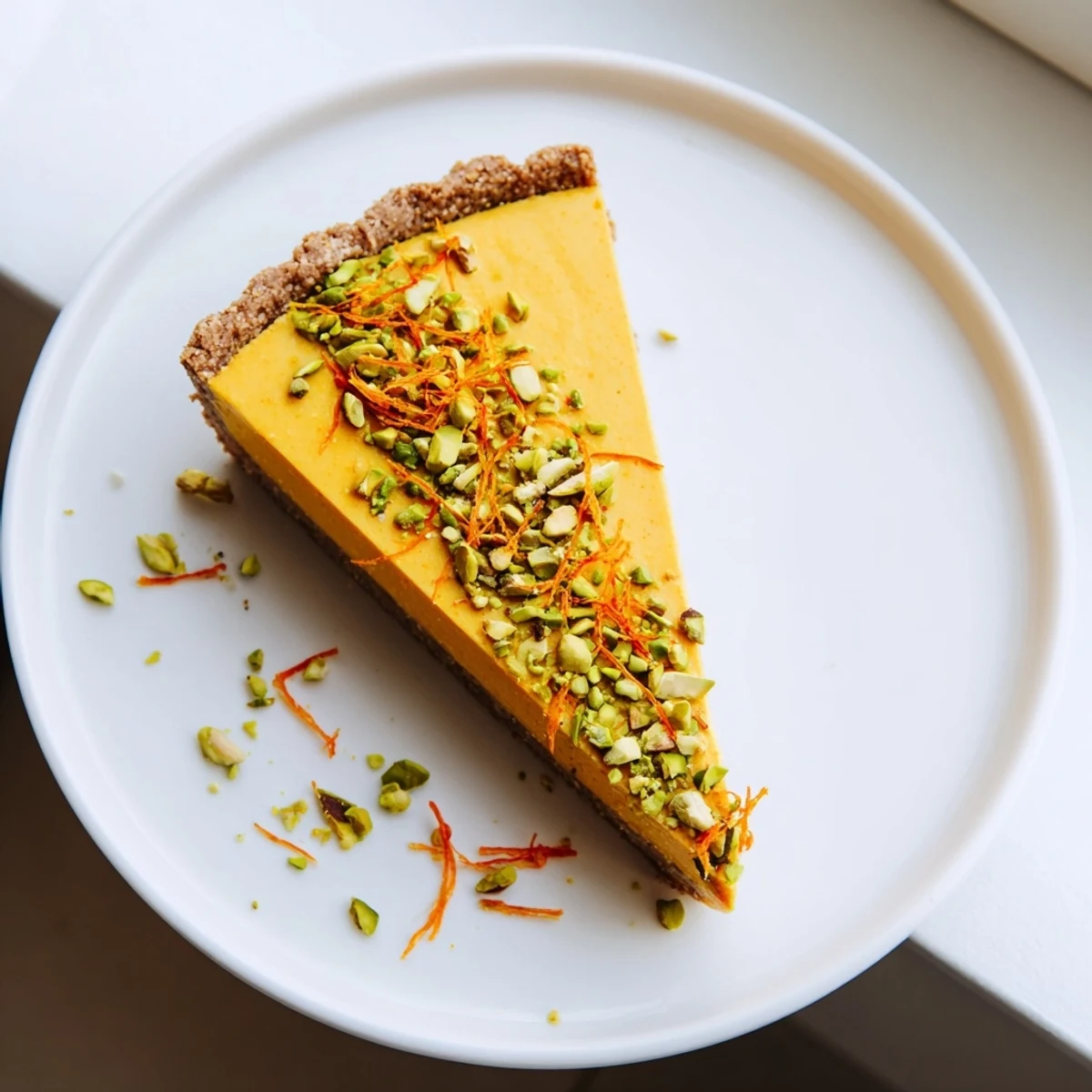 Elegant orange cardamom tart topped with chopped pistachios and fresh orange zest on serving plate