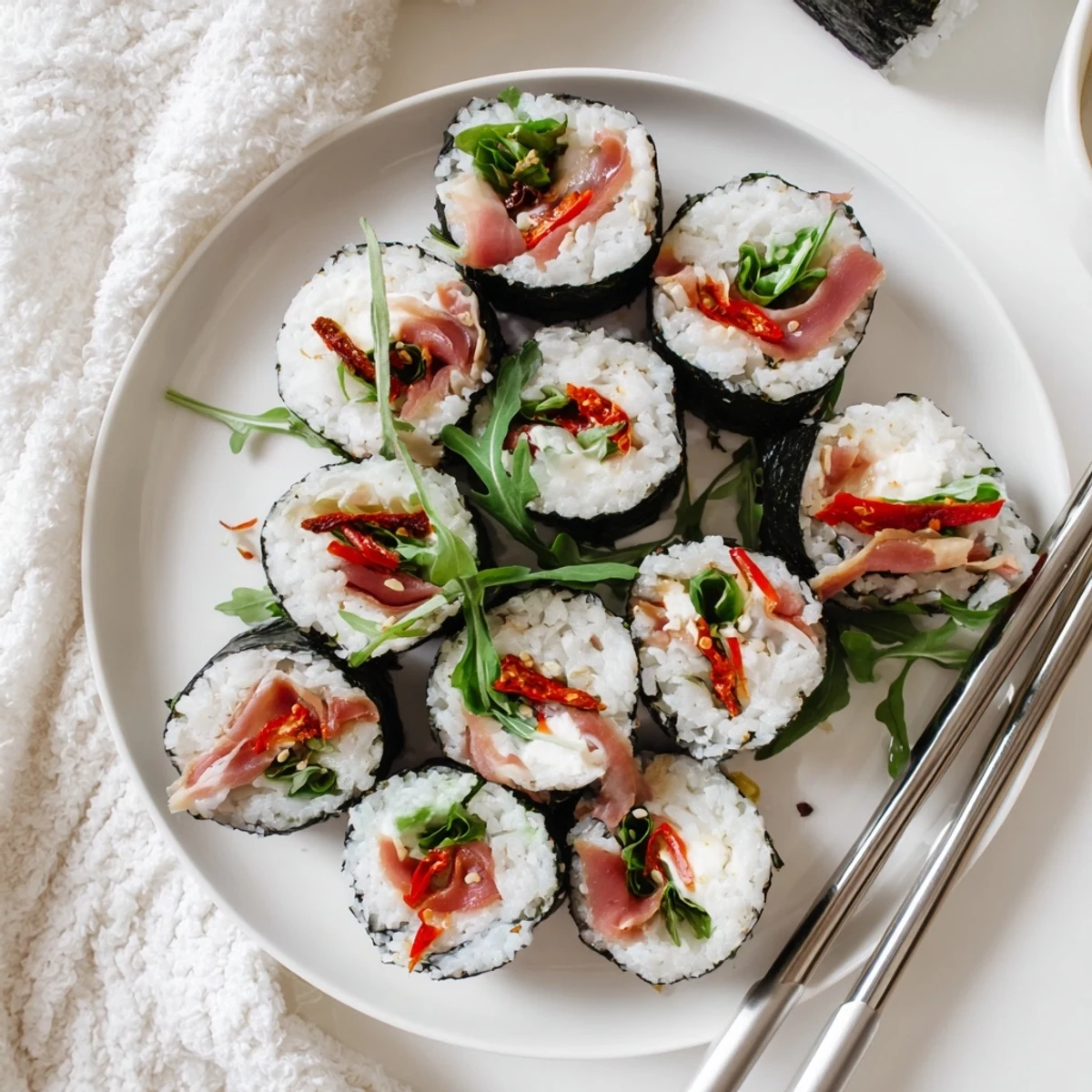 Colorful Italian sushi rolls featuring prosciutto, mozzarella, and fresh basil arranged on a wooden serving board