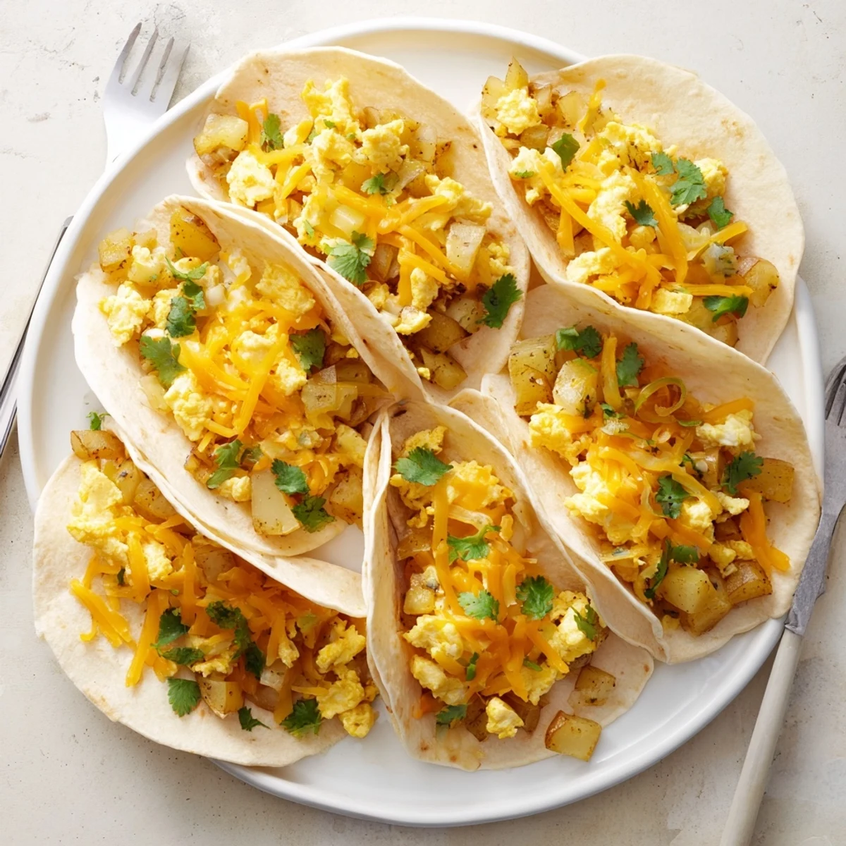Delicious potato egg cheese breakfast tacos topped with salsa and ready to eat