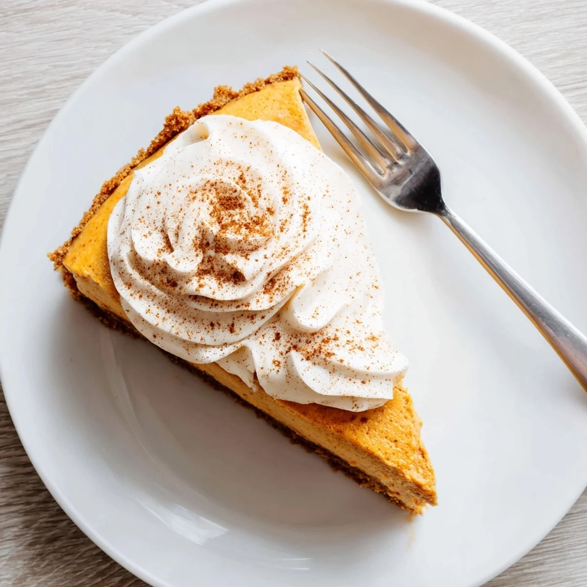 Slice of pumpkin spice Christmas cheesecake on white plate with whipped cream topping
