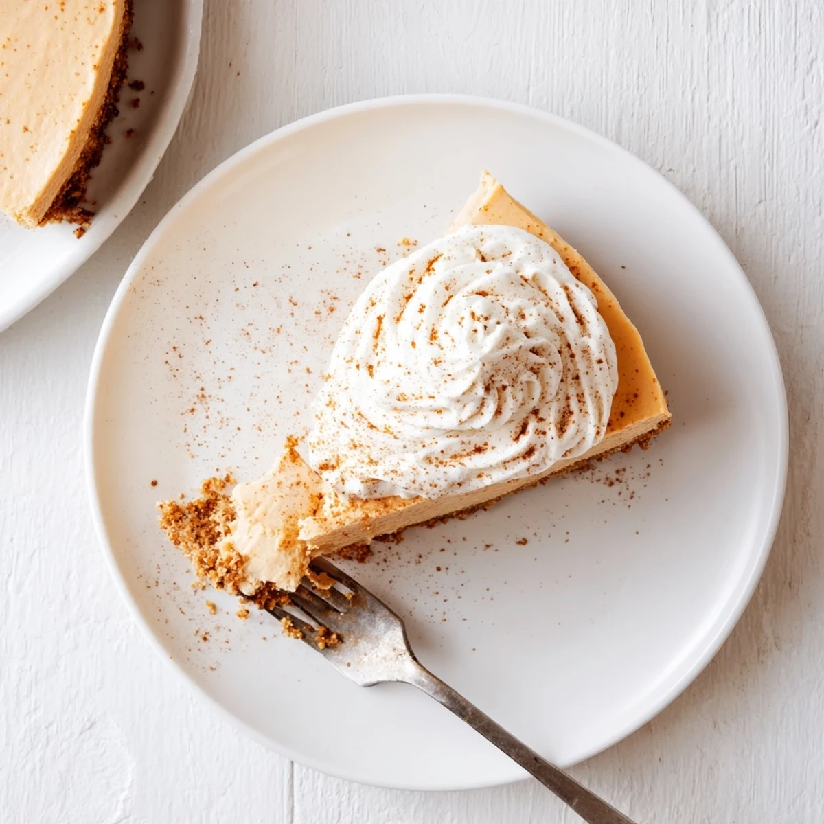 Creamy pumpkin spice Christmas cheesecake slice with whipped dollop on holiday serving platter