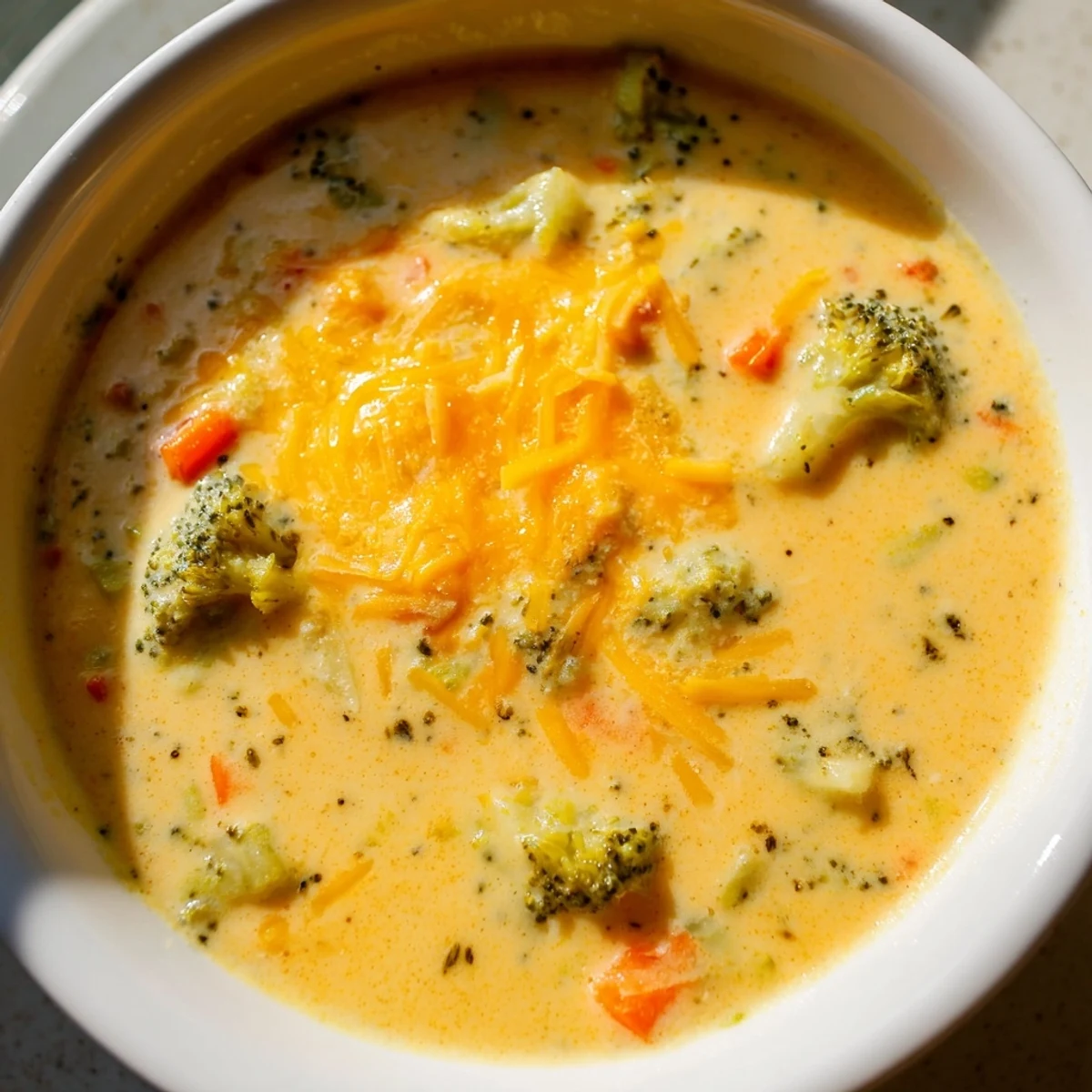 Golden bowl of slow cooker broccoli cheddar soup with crusty bread on the side