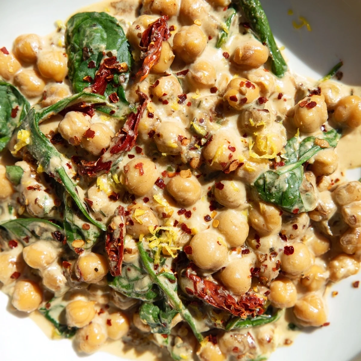 Creamy Marry Me Chickpeas simmered with sun-dried tomatoes, spinach, and aromatic herbs in a rich sauce