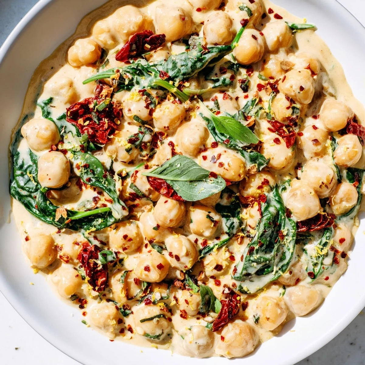 Golden chickpeas swimming in a velvety garlic cream sauce with tender wilted spinach and bright basil garnish
