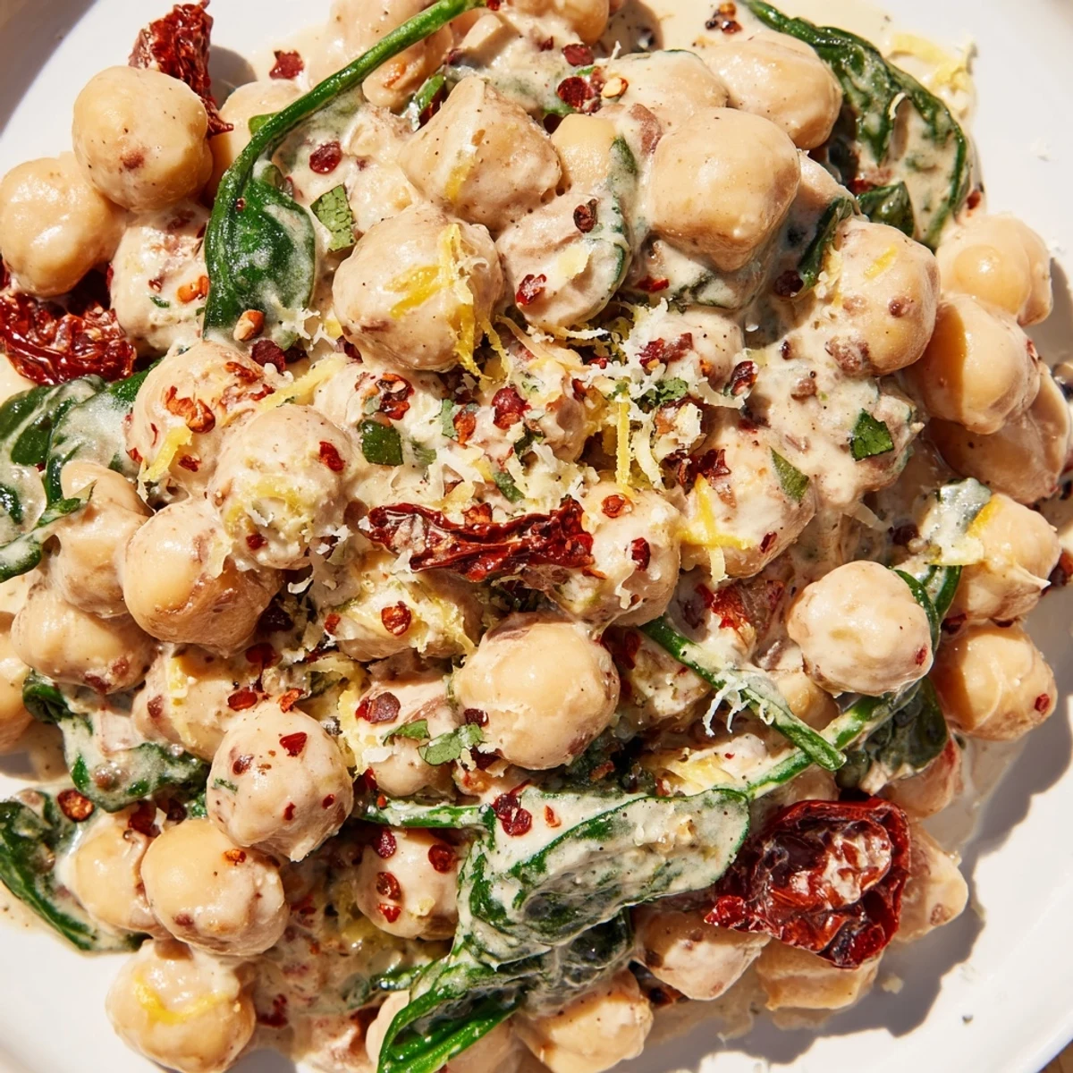 Hearty vegetarian Marry Me Chickpeas plated with rustic crusty bread, featuring vibrant red tomatoes and fresh green spinach