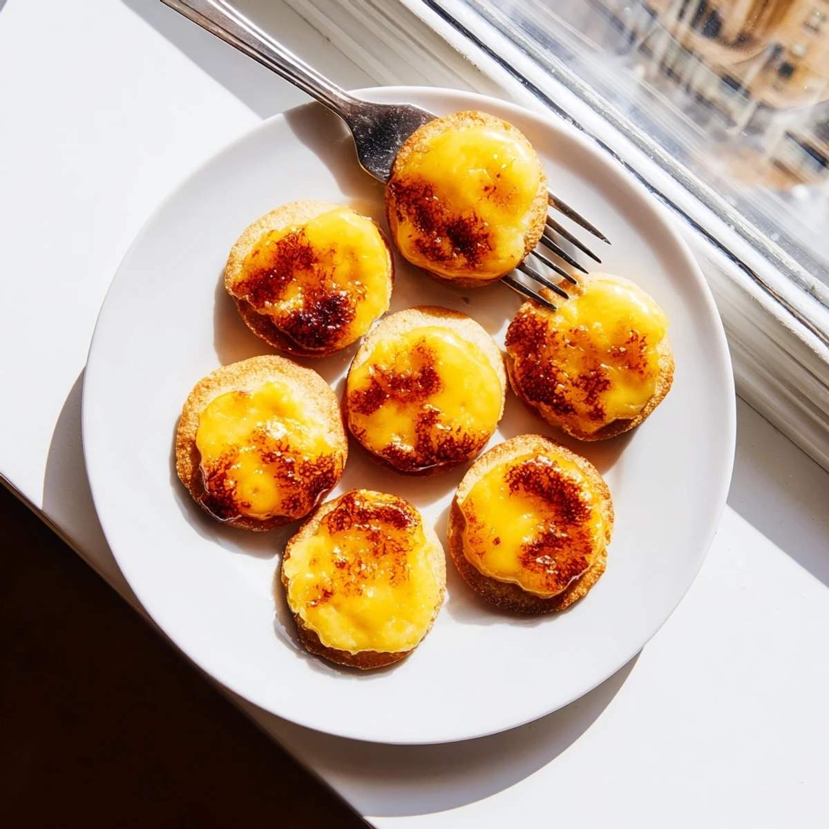 Buttery shortbread cookies topped with vanilla custard and torched caramelized sugar finish