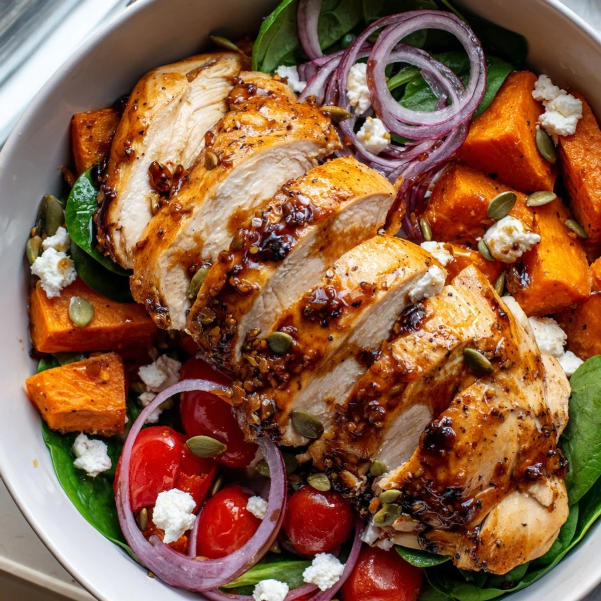 Sliced maple Dijon chicken sweet potato bowls drizzled with tangy mustard dressing