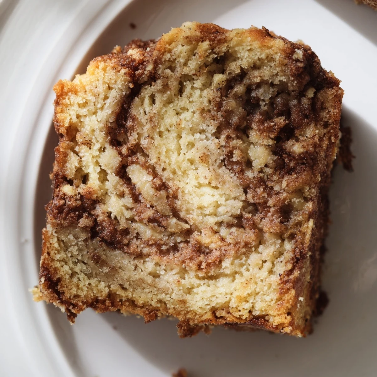 Warm slice of cinnamon sugar swirl banana bread revealing tender marbled cinnamon interior