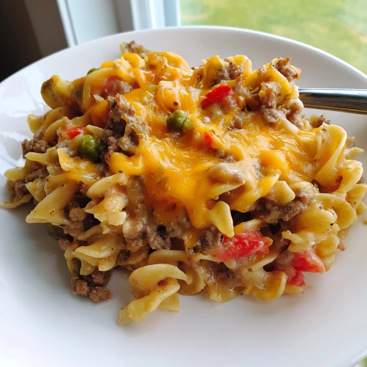 Golden bubbly Cheesy Beef and Noodle Casserole fresh from the oven with melted cheddar topping