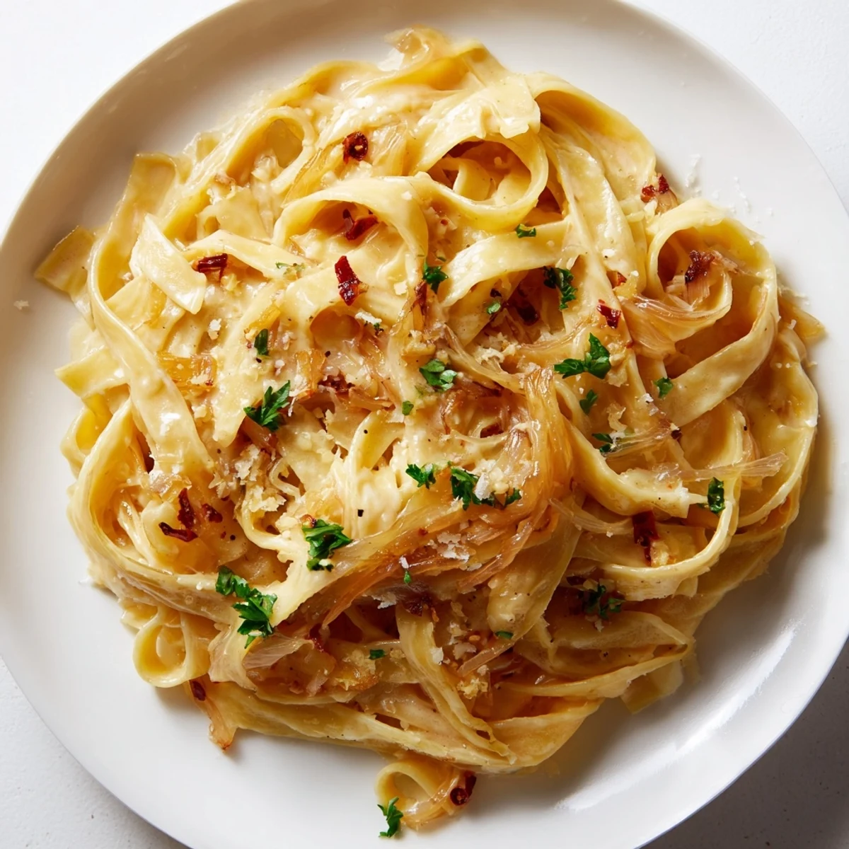 Creamy Sweet Heat Caramelized Onion Fettuccine topped with fresh parsley and Parmesan cheese