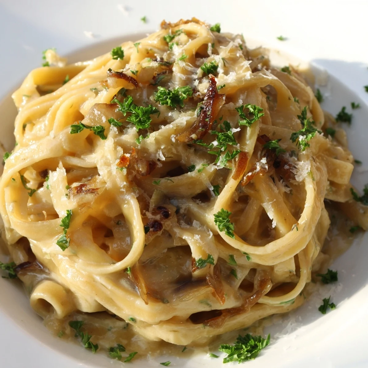 Golden caramelized onions coat Sweet Heat Caramelized Onion Fettuccine in a creamy, spicy sauce