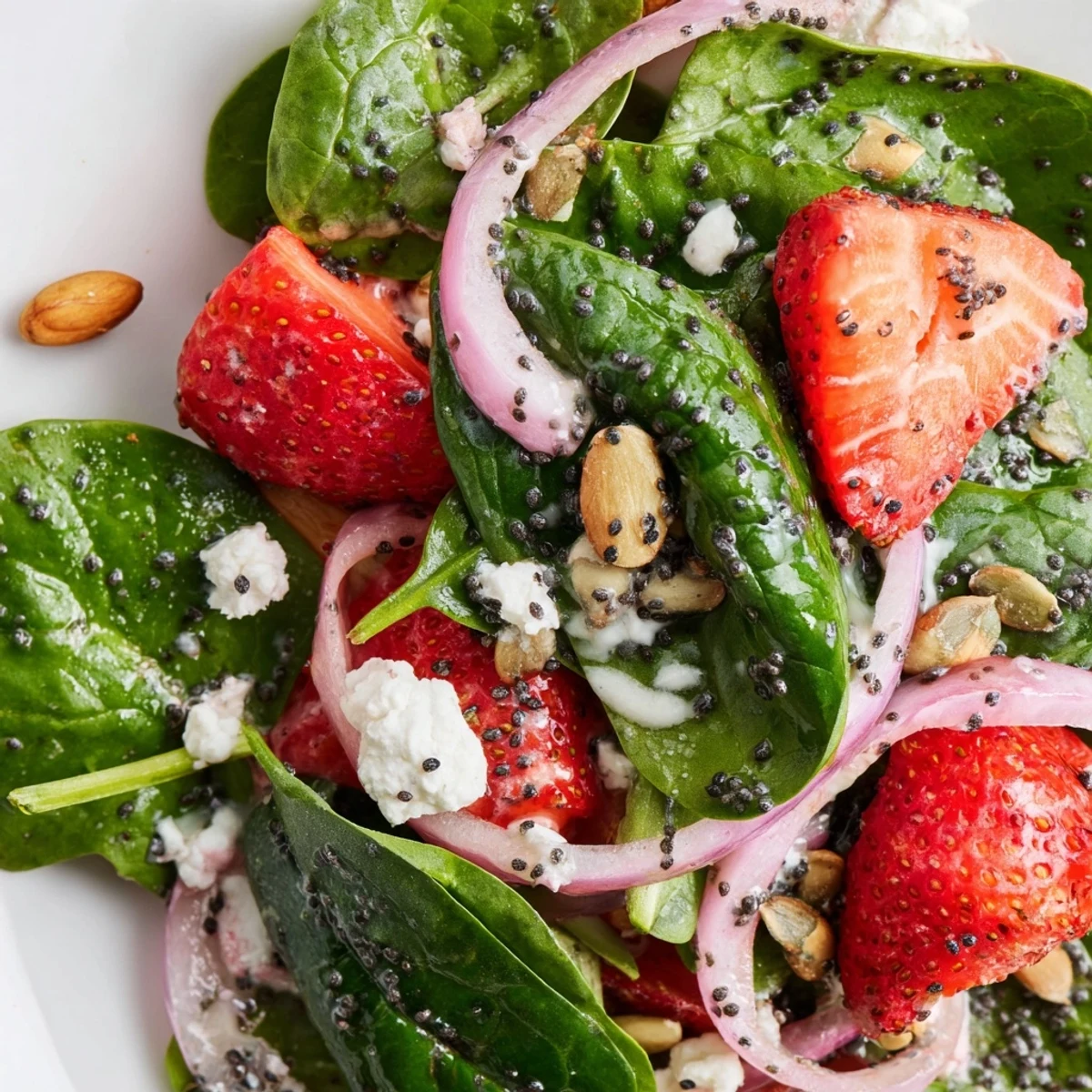 Fresh strawberry spinach salad with glossy balsamic poppy seed dressing drizzled over crisp greens and vibrant red berries