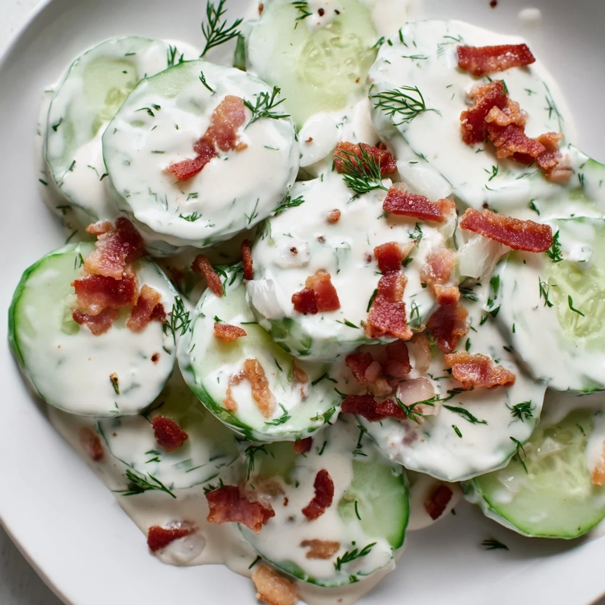 Crispy bacon bits sprinkled over cool cucumber salad in tangy yogurt dressing