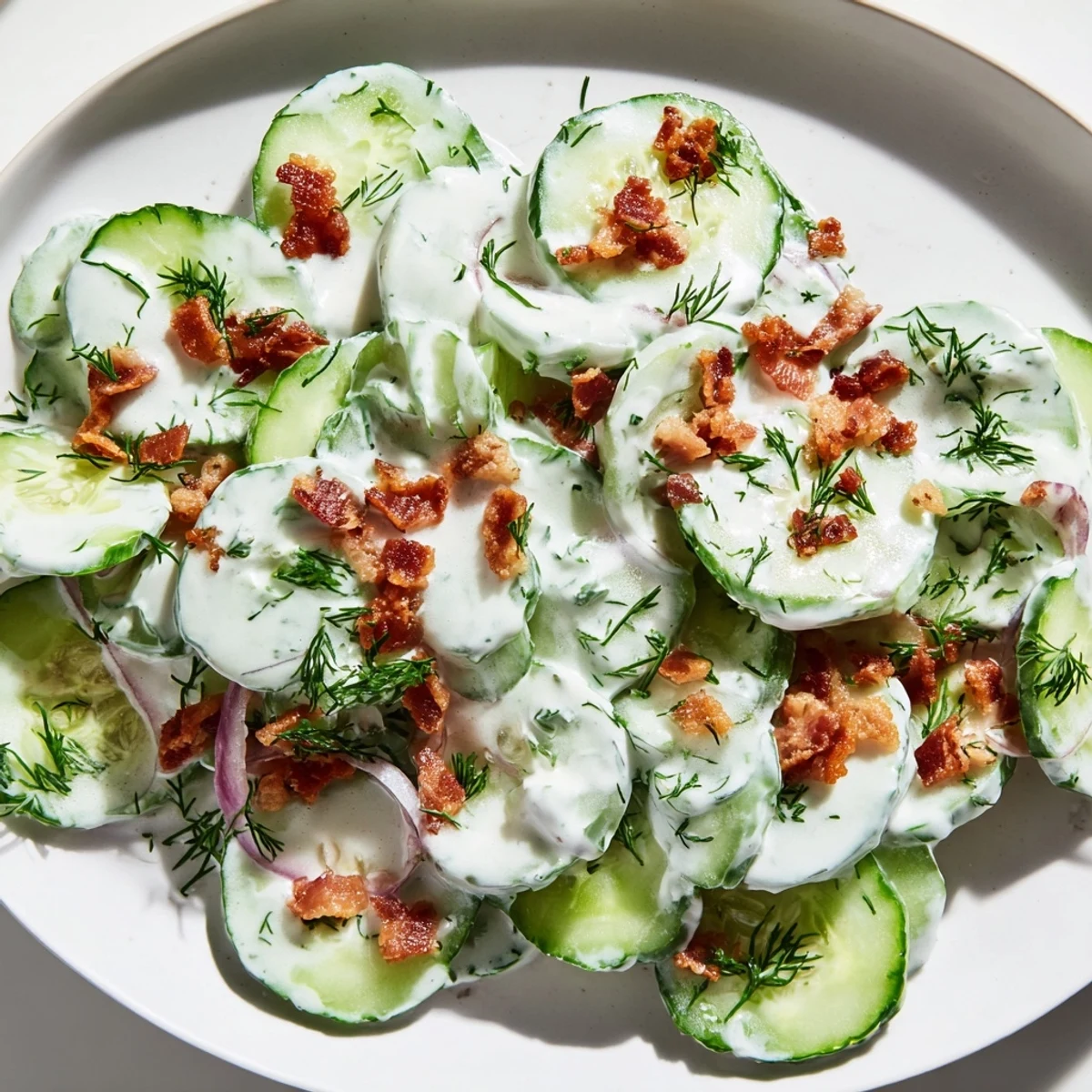 Refreshing cucumber salad with crumbled bacon and fresh dill in creamy dressing