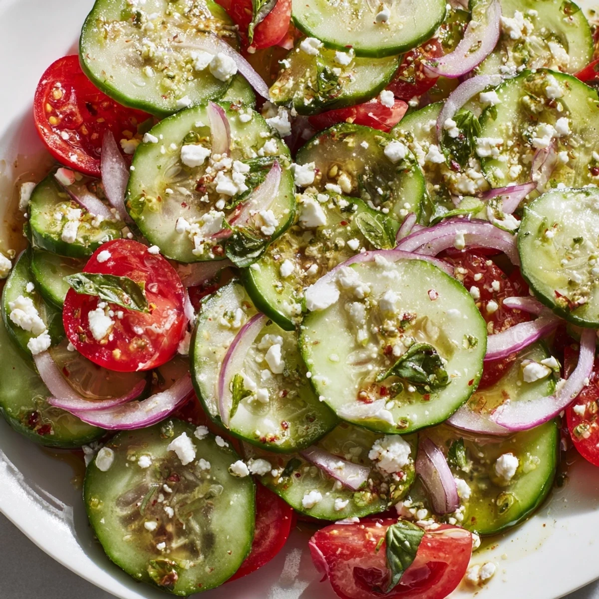 Crisp cucumbers and fresh vegetables tossed in tangy Italian cucumber salad dressing