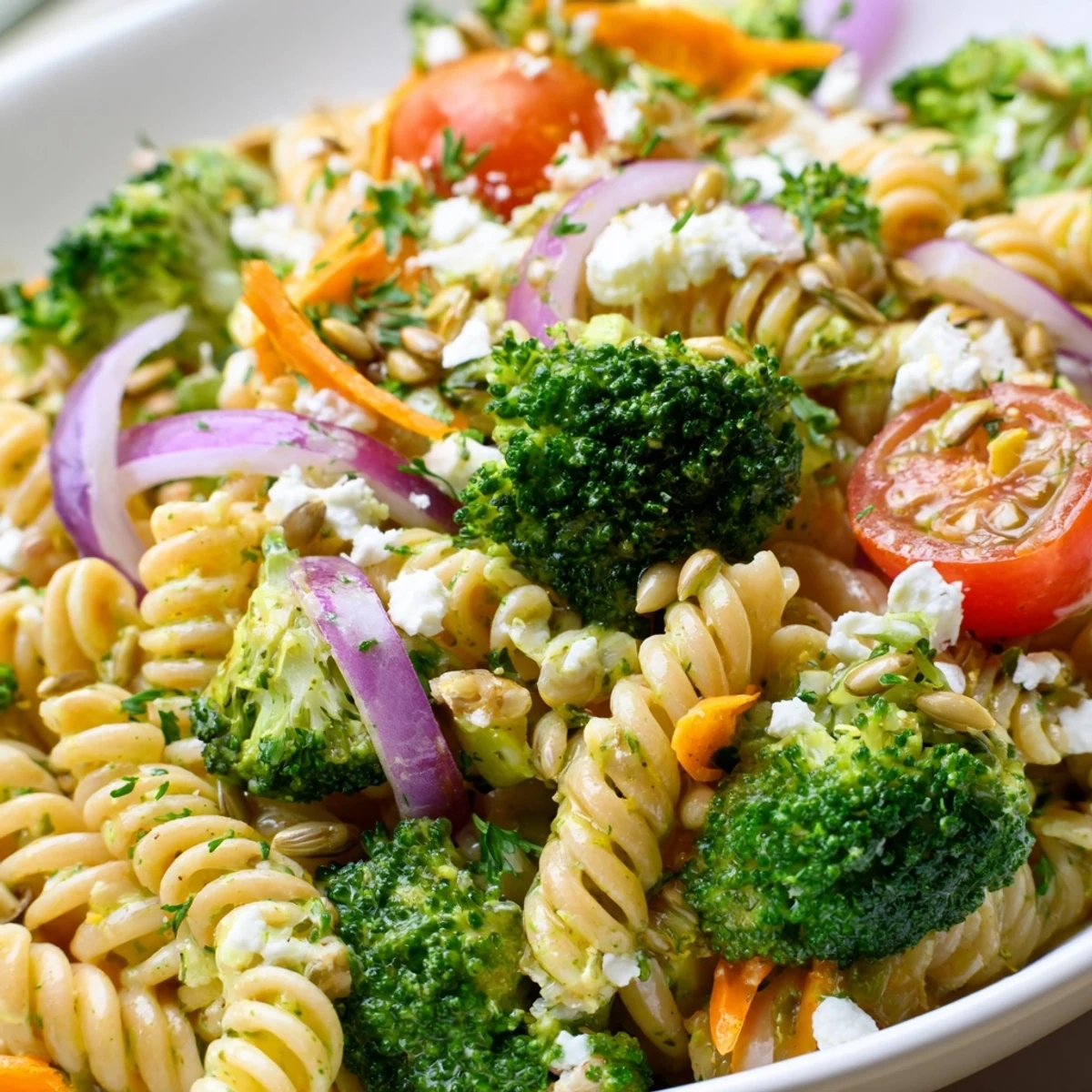 Fresh broccoli pasta salad in a white bowl topped with crumbled feta and toasted sunflower seeds