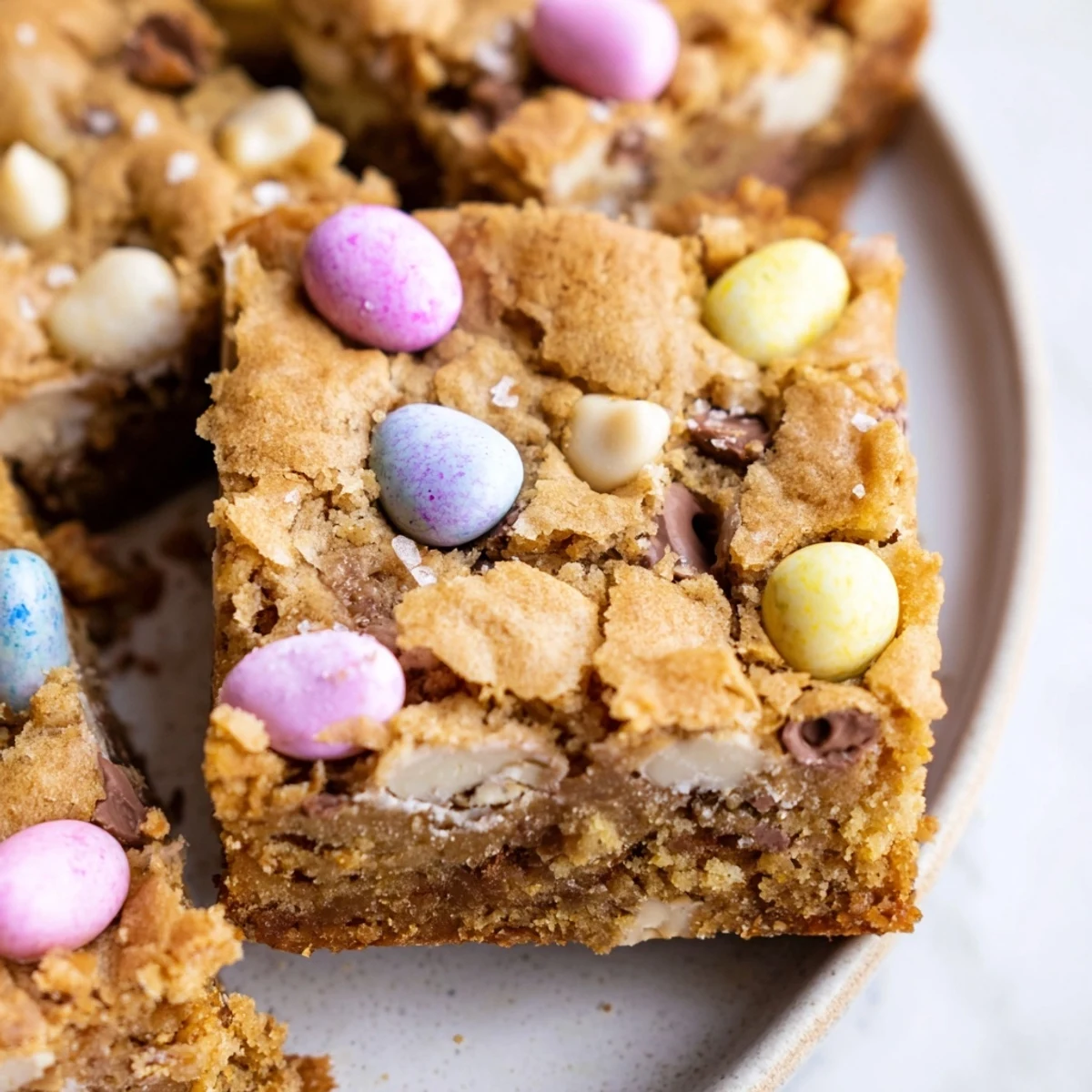 Chewy golden Mini Cadbury Easter Egg blondies topped with colorful candy-coated chocolate eggs on a rustic cutting board