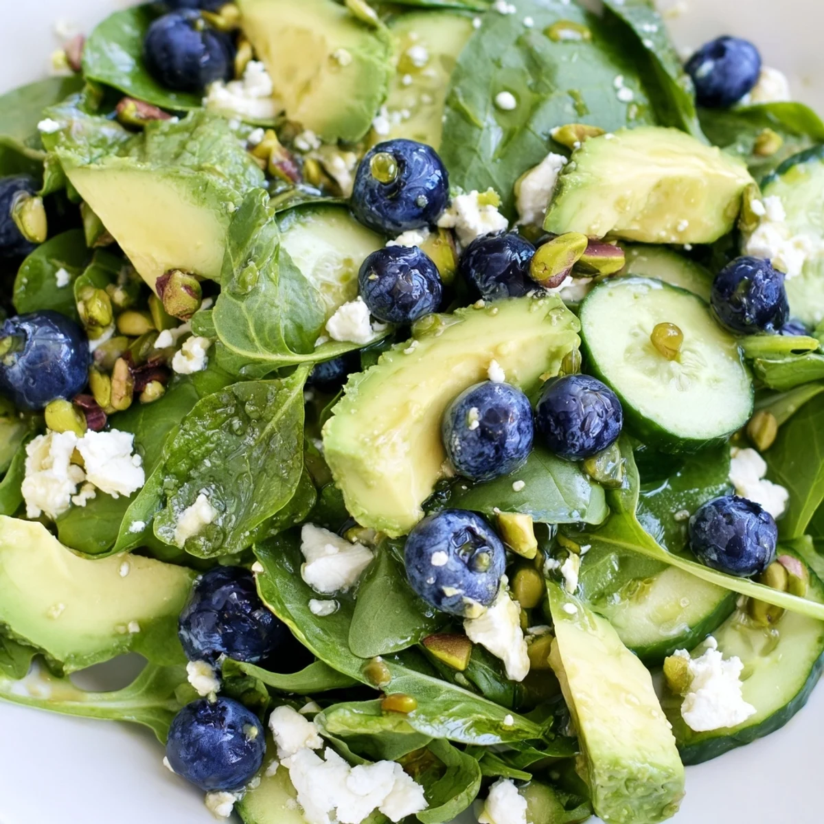 Fresh blueberry pistachio spring salad topped with creamy feta and zesty citrus dressing