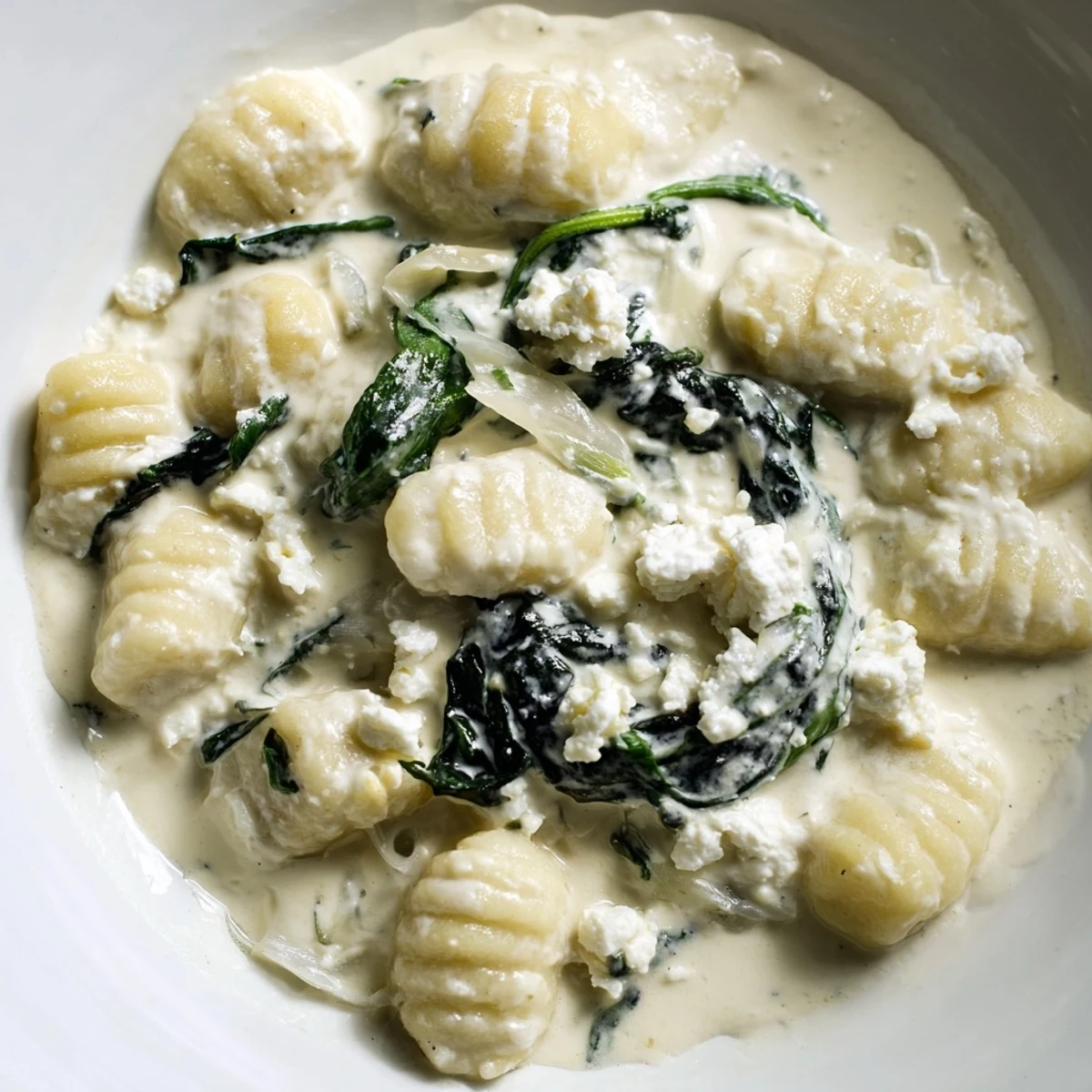 Creamy gnocchi with spinach and feta topped with crumbled cheese in a white bowl