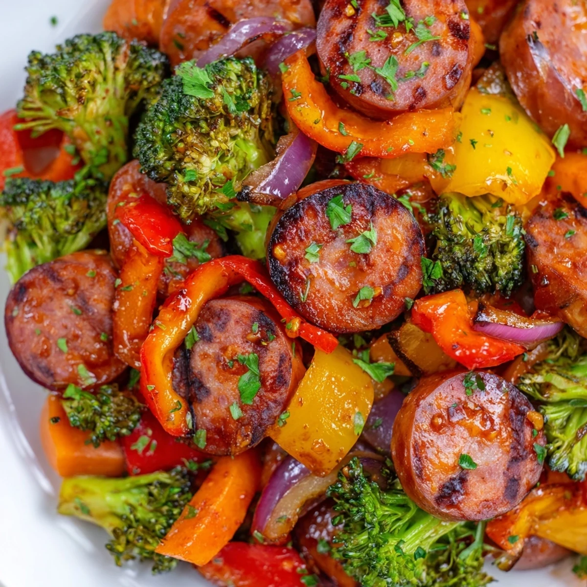 Glistening honey garlic kielbasa roasted alongside vibrant crisp-tender broccoli and bell peppers