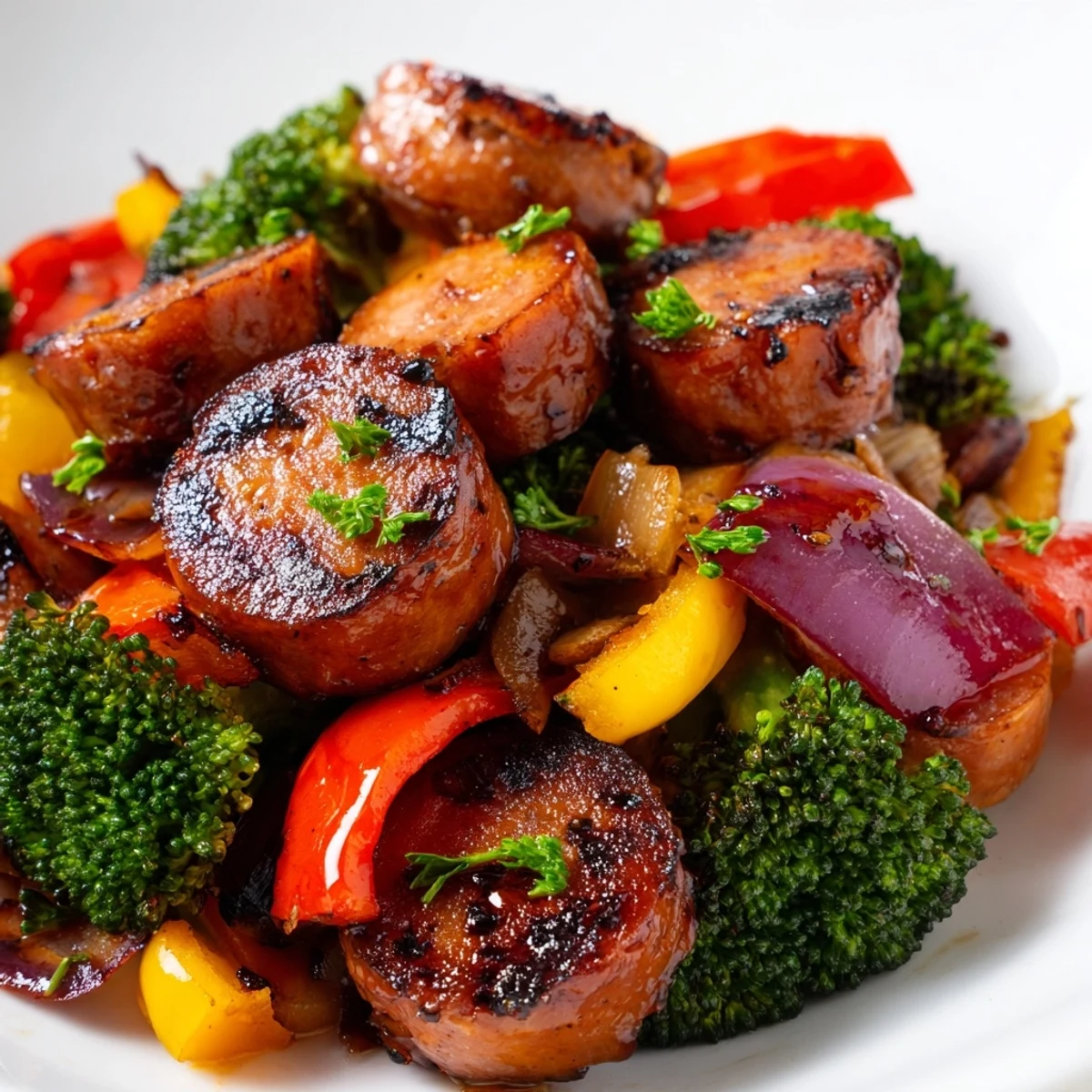 Golden honey garlic kielbasa and tender roasted veggies served fresh on a sheet pan