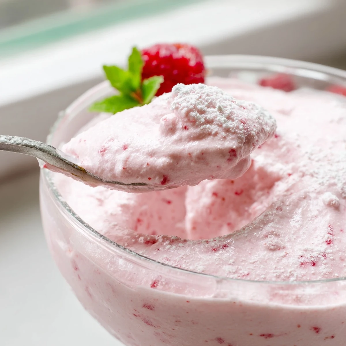 Silky pink Fresh Raspberry Cloud Mousse piped into clear dessert glasses