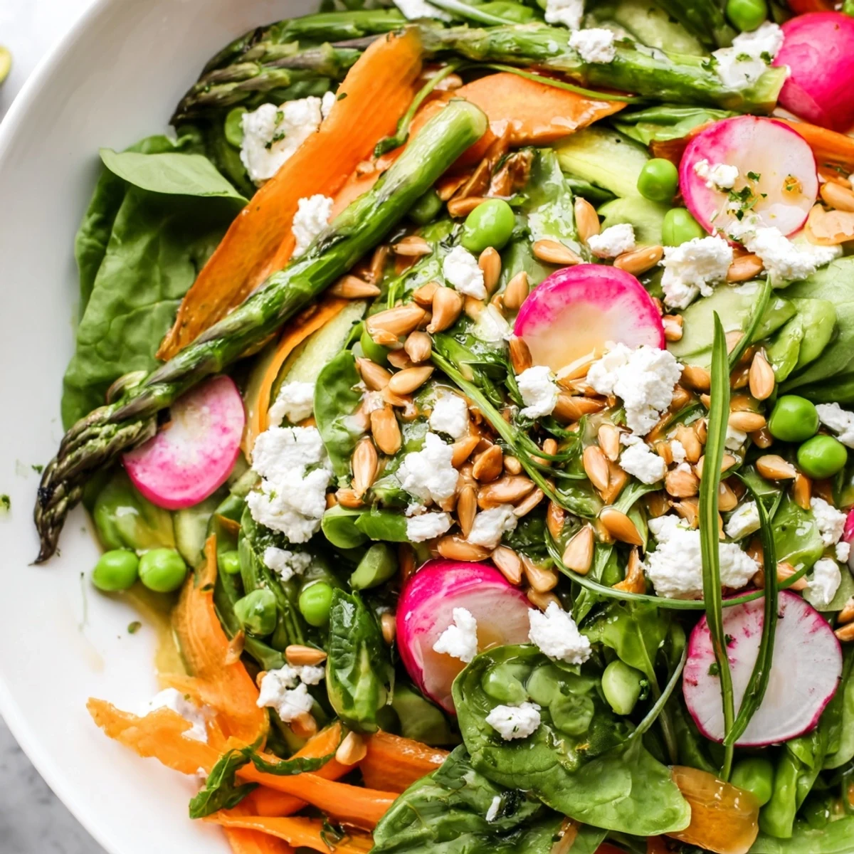 Bright Spring Salad with crisp greens, radishes, and asparagus drizzled in tangy citrus vinaigrette.