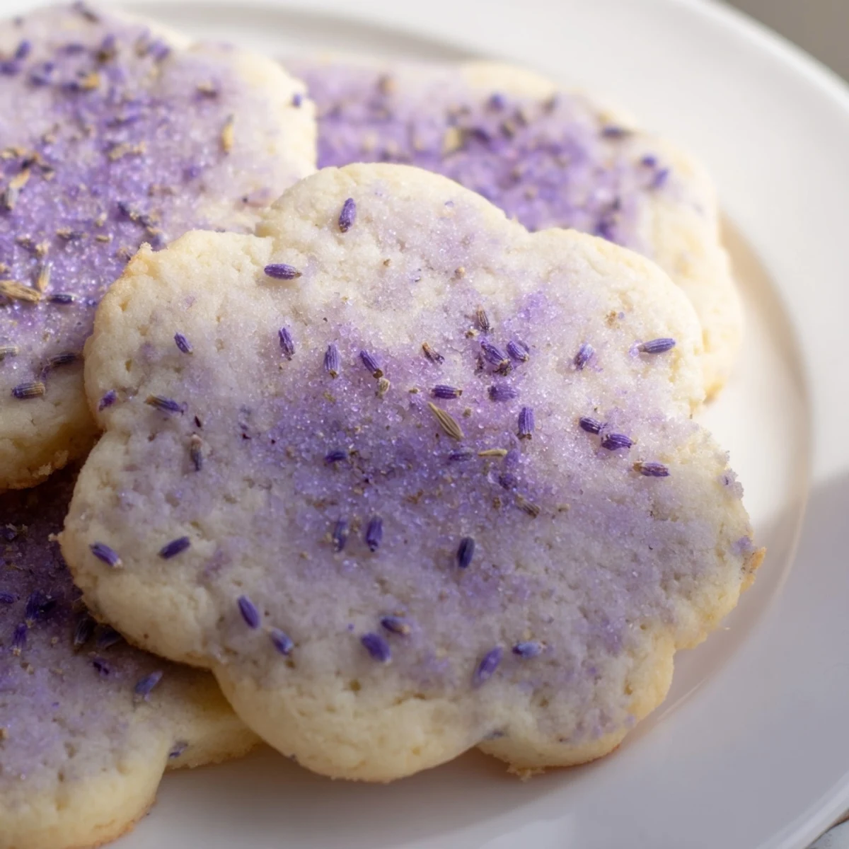 Soft lilac sugar cookies with golden edges arranged on a rustic white ceramic plate