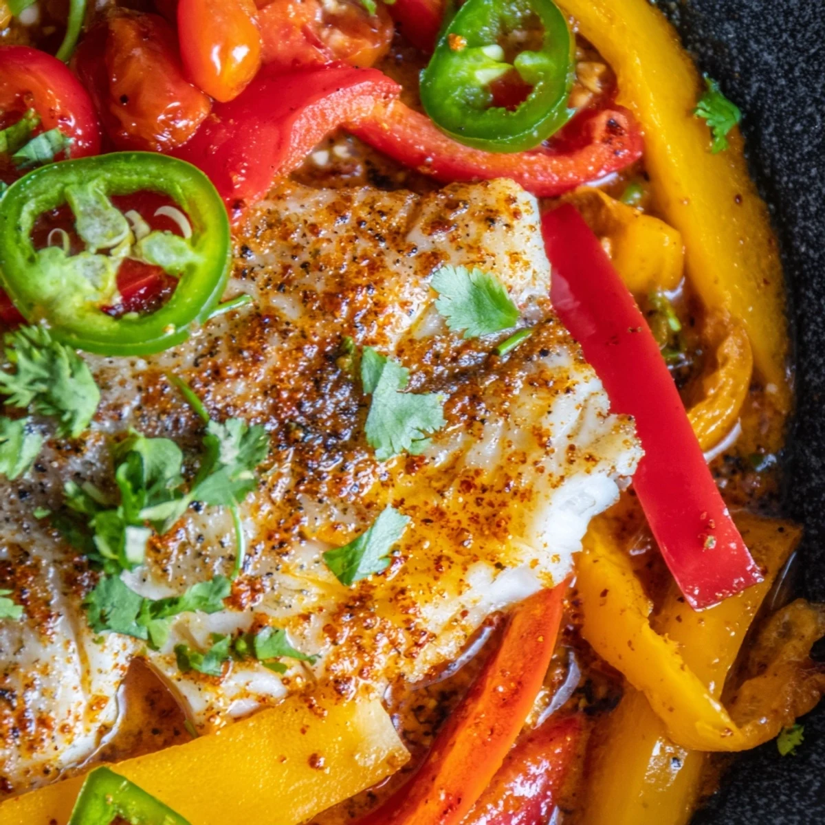 Golden seared spicy roasted pepper tilapia skillet simmering in vibrant tomato sauce