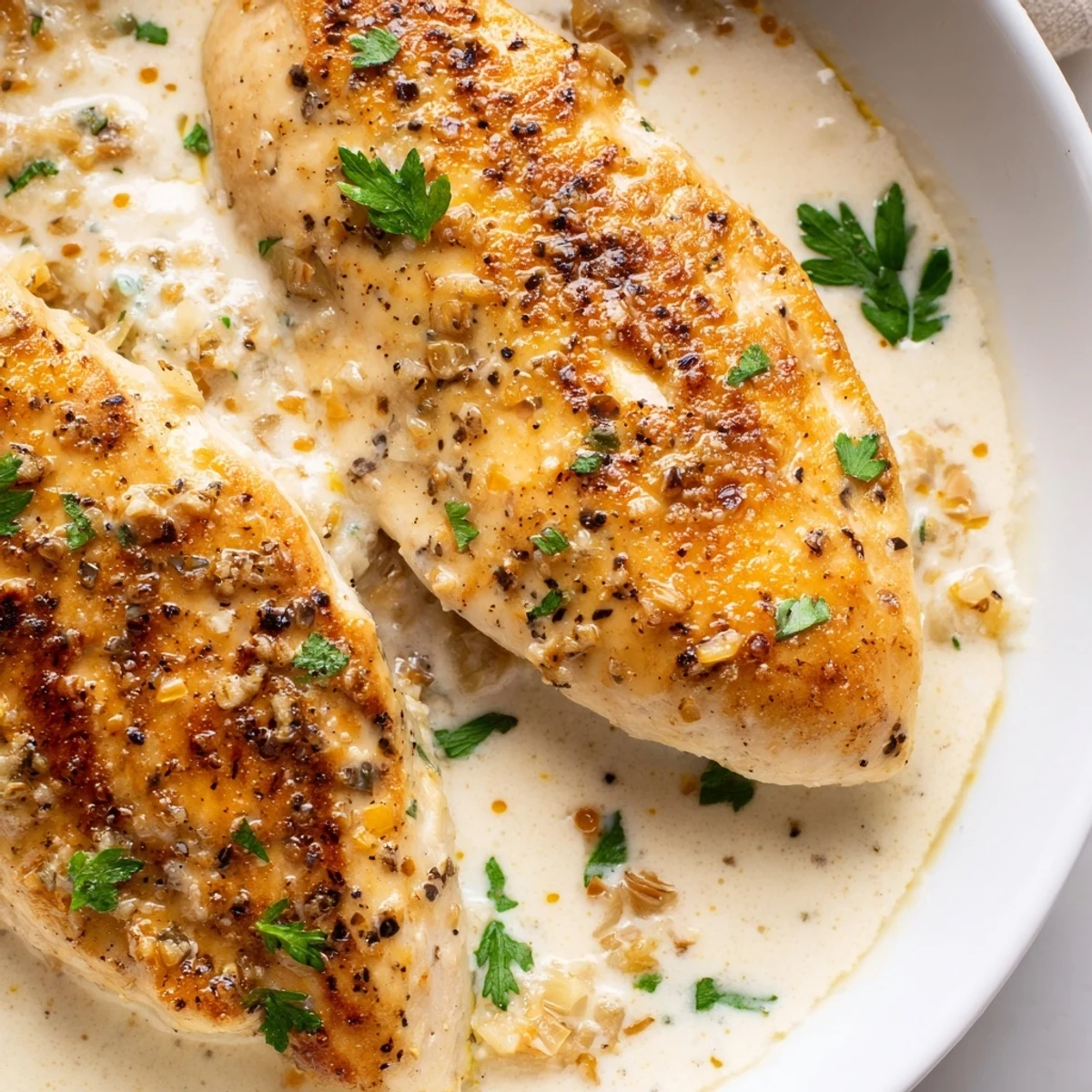 Tender chicken breasts smothered in velvety garlic Parmesan cream sauce on white plate