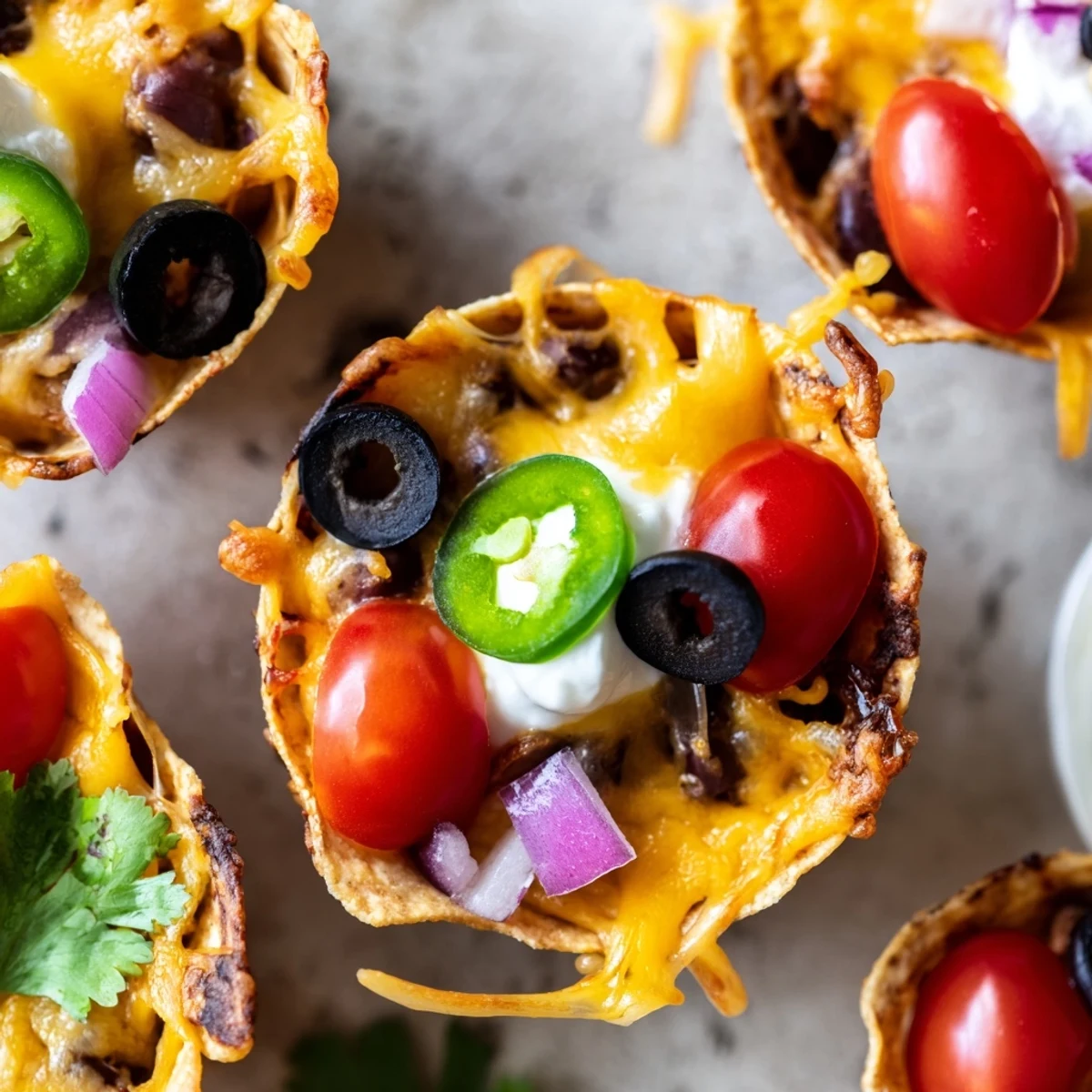 Golden cheesy nacho cups bubbling with melted cheddar and colorful fresh toppings in muffin tin