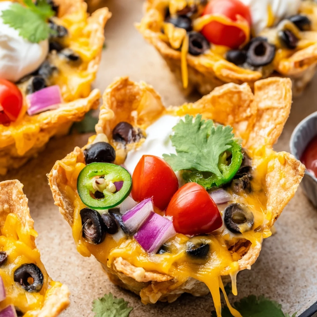 Mini tortilla cups overflowing with gooey Monterey Jack cheese, black beans, and zesty jalapeño slices