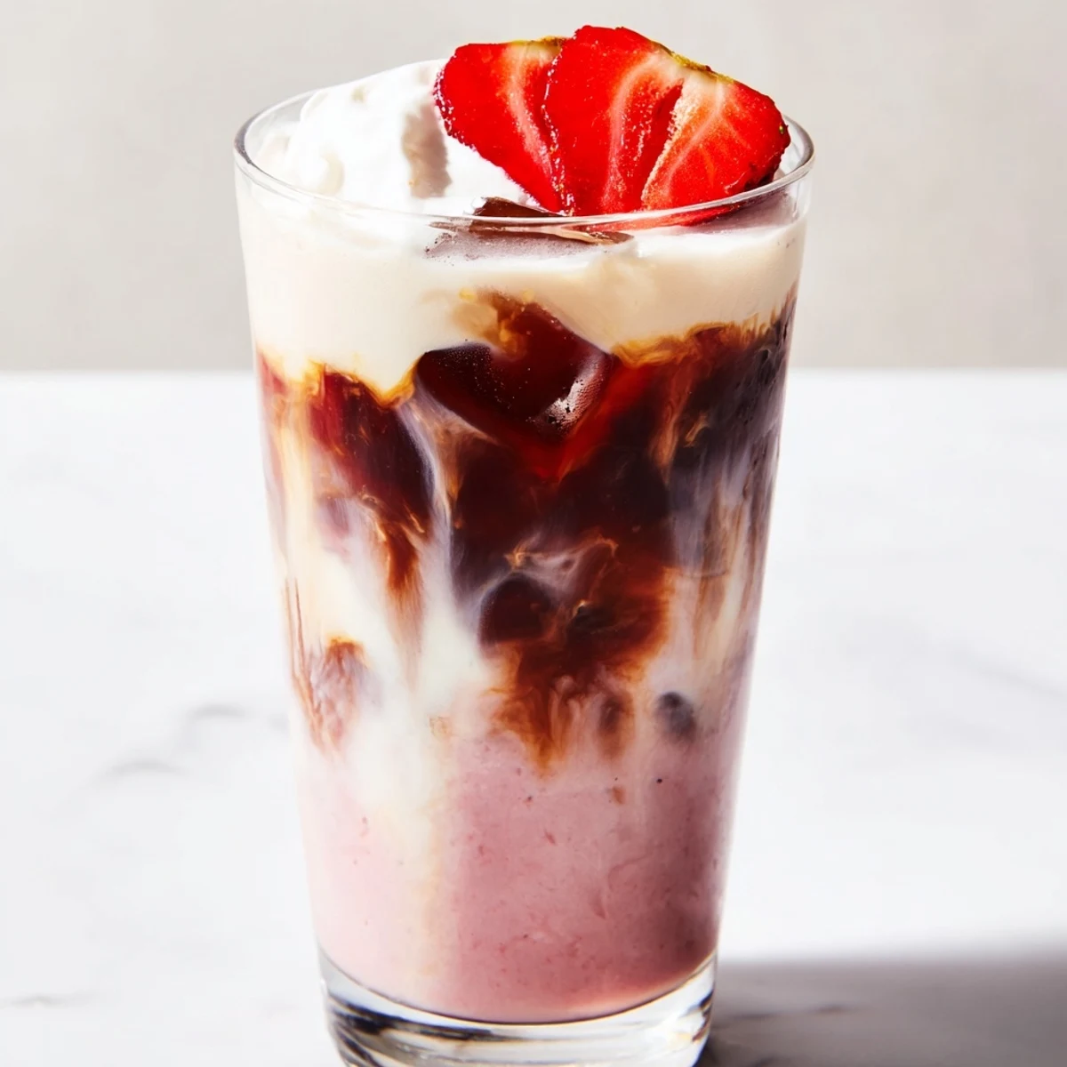 Strawberry cream cold latte topped with fluffy whipped cream and fresh berry garnish